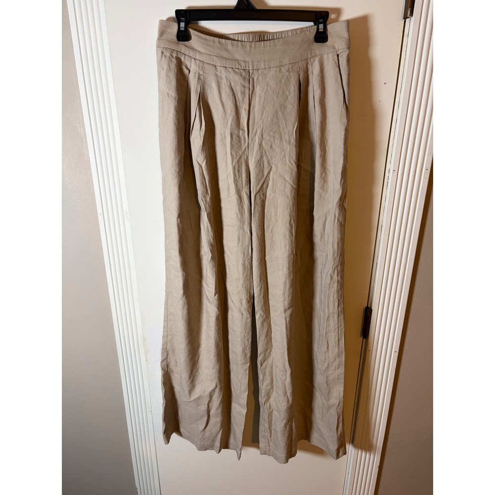 INC International Concepts Tan Linen Blend Wide Leg Pleated Pants Womens 10